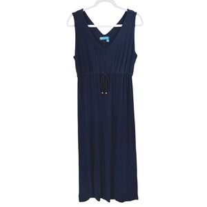 Fresh Produce Navy Blue V-Neck Sleeveless Drawstring Midi Dress Wood Beads L